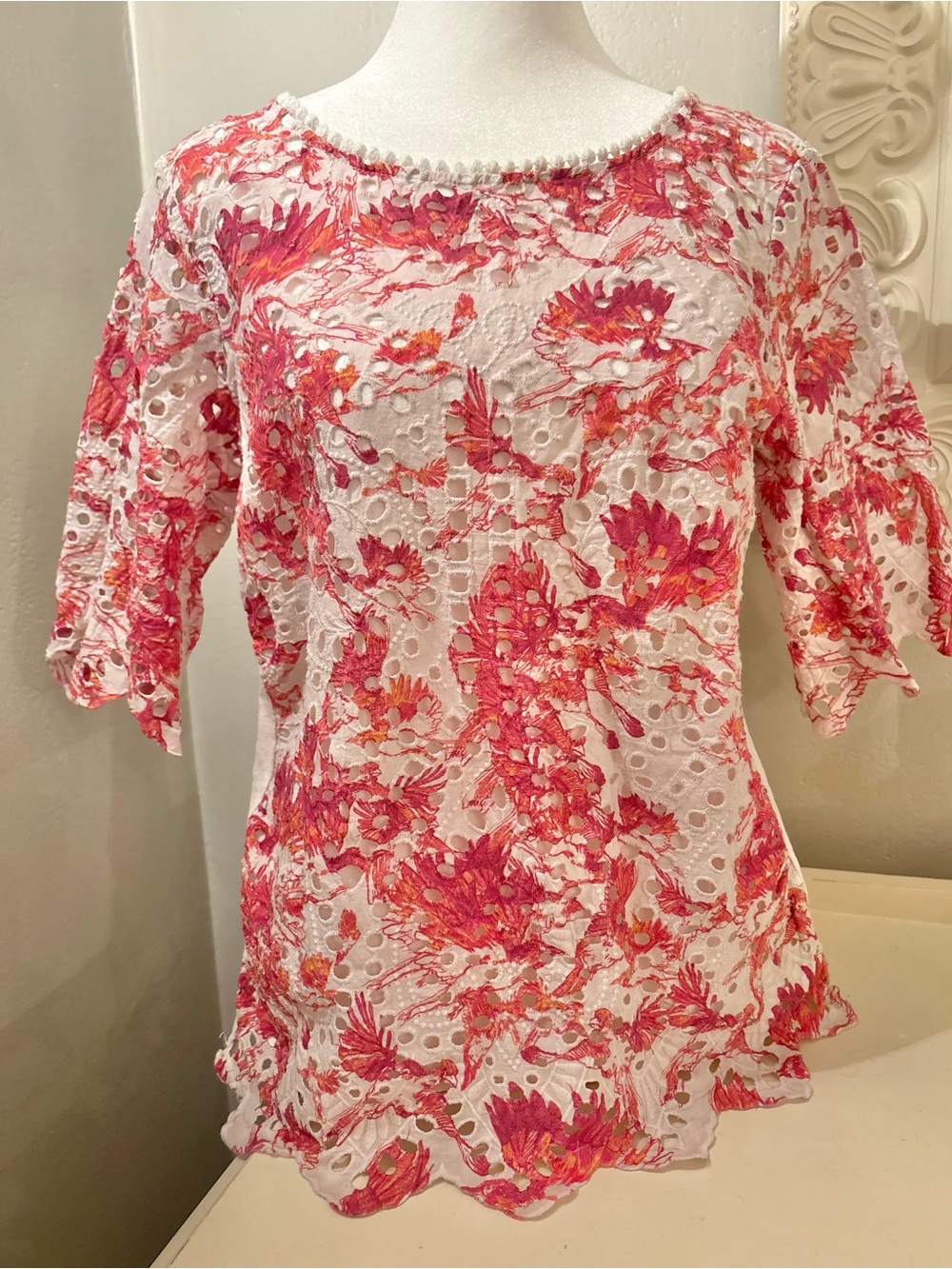 Porridge for Anthropologie Floral Eyelet Lace Women's Top in Pink and White XS